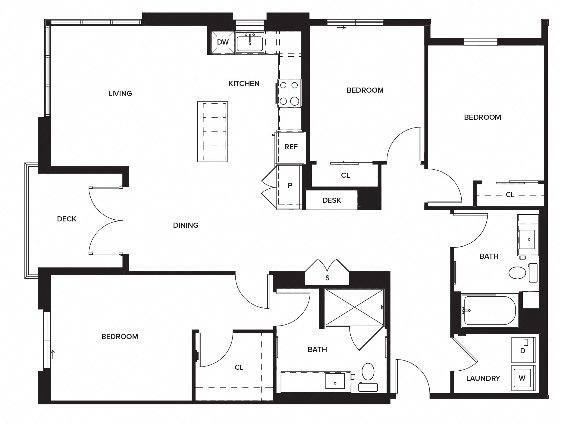 Floor plan for 3 beds, 2 baths, 1433 sqft